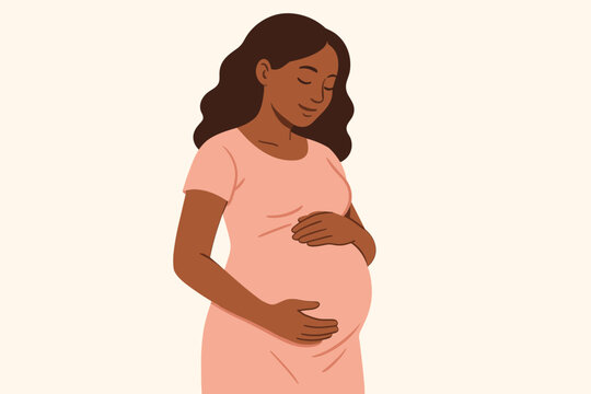 Happy pregnant black woman lovingly holds her belly. Serene expectant mother-to-be. Concept of motherhood, pregnancy, maternity, anticipation, new life, care, love and family.
