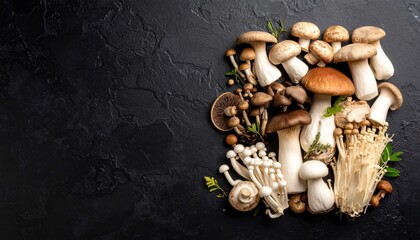 Assorted mushrooms arranged artfully on a dark stone surface with green herbs, showcasing culinary potential