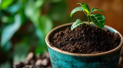 Recycled coffee grounds used as plant fertilizer in an indoor setting