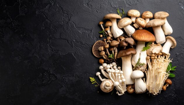 Assorted mushrooms arranged artfully on a dark stone surface with green herbs, showcasing culinary potential