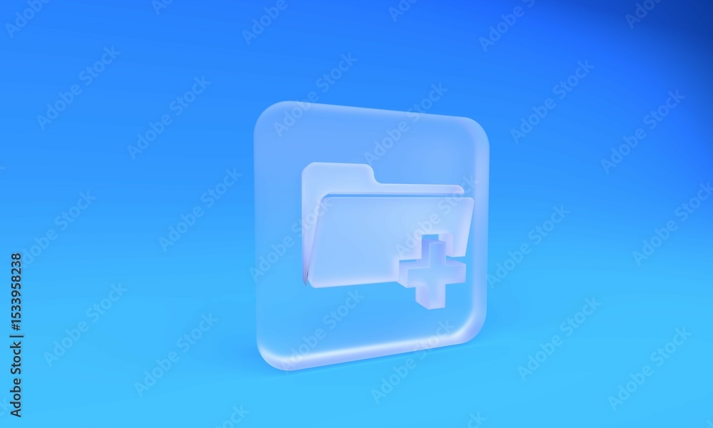 Poster frosted glass add new folder icon isolated on blue background. new folder file sign. copy document. 