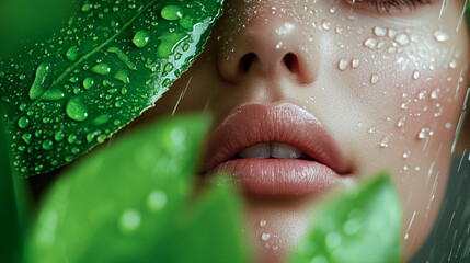 Close-up portrait of a woman with dewy skin surrounded by lush green leaves and droplets of water
