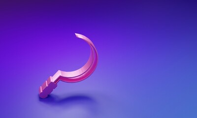 Pink Sickle icon isolated on purple-blue background. Reaping hook sign. Minimalism concept. 3D render illustration