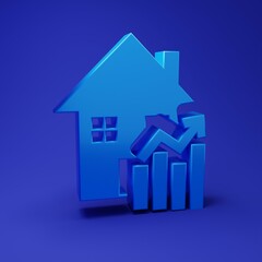 Blue Rising cost of housing icon isolated on blue background. Rising price of real estate. Residential graph increases. Minimalism concept. 3D render illustration