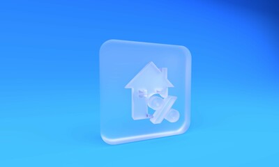 Frosted glass House with percant discount tag icon on blue background. House percentage sign price....