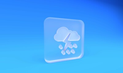 Frosted glass Cloud with rain and lightning icon isolated on blue background. Rain cloud precipitation with rain drops.Weather icon of storm. Square frosted glass button. 3D render illustration