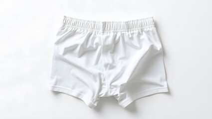 Fototapeta premium A pristine pair of white athletic shorts, isolated on white background, displays a smooth, subtly textured fabric and an elastic waistband