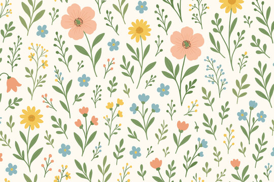 Fototapeta Cute ditsy floral seamless pattern. Hand drawn spring wildflowers and leaves. Vector botanical background for fabric, wallpaper, textile design. Simple vintage nature illustration.