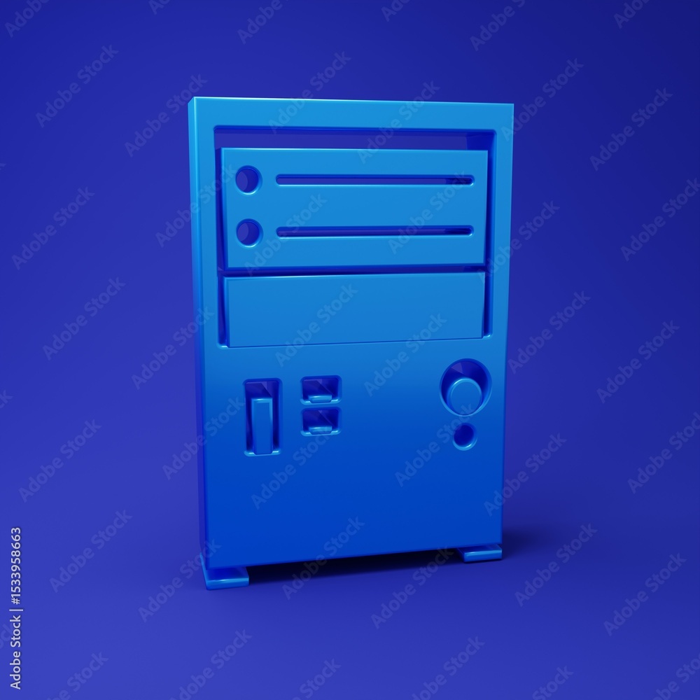 Poster blue computer icon isolated on blue background. pc component sign. minimalism concept. 3d render ill