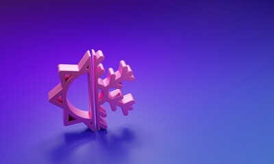 Pink Hot and cold symbol. Sun and snowflake icon isolated on purple-blue background. Winter and summer symbol. Minimalism concept. 3D render illustration