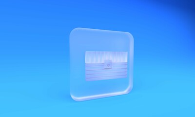 Frosted glass Antique treasure chest icon isolated on blue background. Vintage wooden chest with golden coin. Square frosted glass button. 3D render illustration