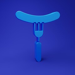 Blue Sausage on the fork icon isolated on blue background. Grilled sausage and aroma sign. Minimalism concept. 3D render illustration