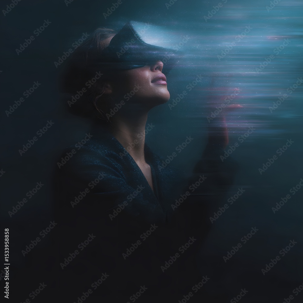 Poster a person wearing a virtual reality headset interacts with a floating digital interface