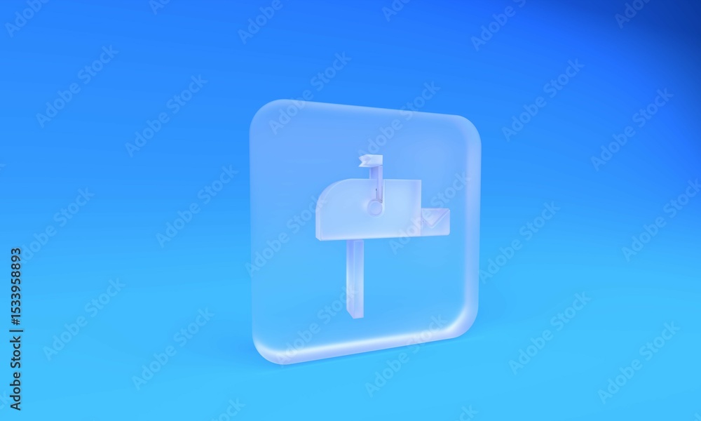 Poster frosted glass open mail box icon isolated on blue background. mailbox icon. mail postbox on pole wit