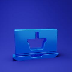 Blue Shopping basket on screen laptop icon isolated on blue background. Concept e-commerce, e-business, online business marketing. Minimalism concept. 3D render illustration