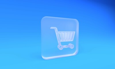 Frosted glass Shopping cart icon isolated on blue background. Online buying concept. Delivery service sign. Supermarket basket symbol. Square frosted glass button. 3D render illustration