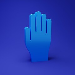 Blue Medical rubber gloves icon isolated on blue background. Protective rubber gloves. Minimalism concept. 3D render illustration