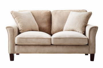 Elegant beige loveseat with plush pillows