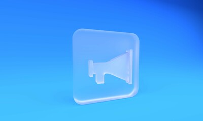 Frosted glass Megaphone icon isolated on blue background. Speaker sign. Square frosted glass button. 3D render illustration