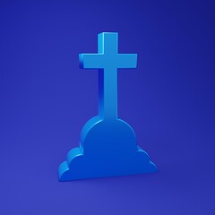Blue Tombstone with cross icon isolated on blue background. Grave icon. Minimalism concept. 3D render illustration