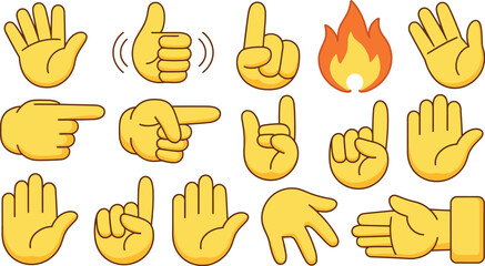 Collection of various yellow hand emojis showing different gestures on a white background design art