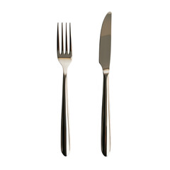 Close-up of a shiny silver fork and knife set on a white background, perfect for isolated cutlery or dinnerware concepts