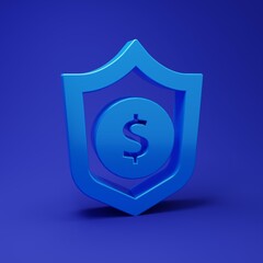 Blue Shield with dollar symbol icon isolated on blue background. Security shield protection. Money security concept. Minimalism concept. 3D render illustration
