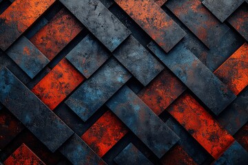Abstract geometric pattern of overlapping, rectangular, rusty metal panels