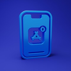 Blue Mobile Apps icon isolated on blue background. Smartphone with screen icons, applications. mobile phone showing screen. Minimalism concept. 3D render illustration