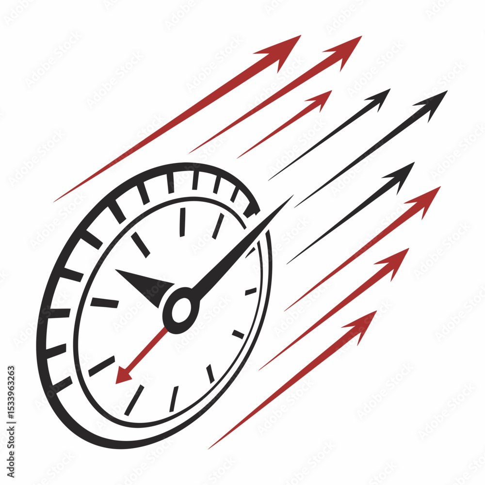 Poster black and red speedometer icon with motion lines on white background rapid time concept graphic vect