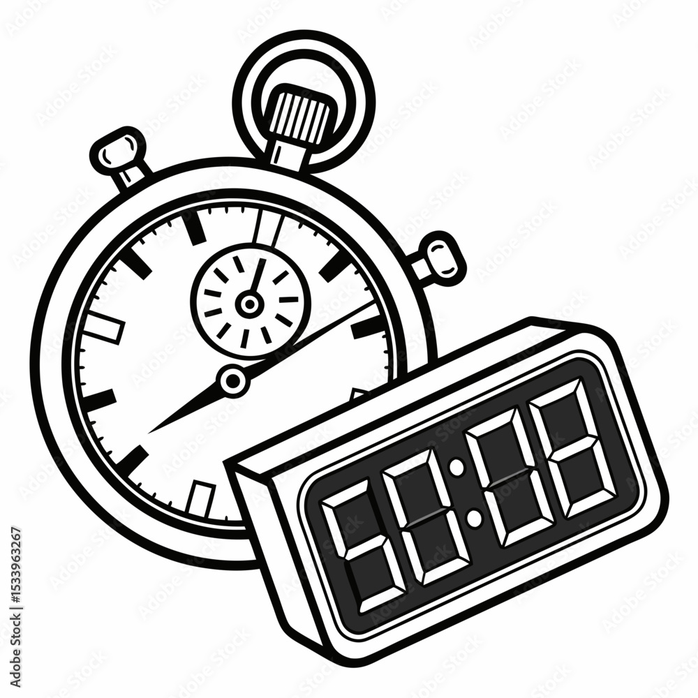Poster black and white illustration stopwatch and digital timer showing lap time on white background analog