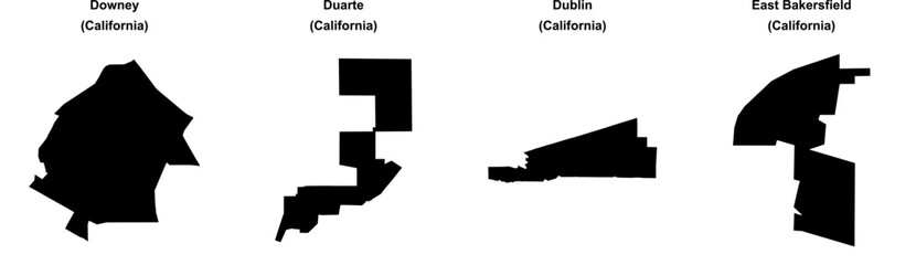 Downey, Duarte, Dublin, East Bakersfield outline maps