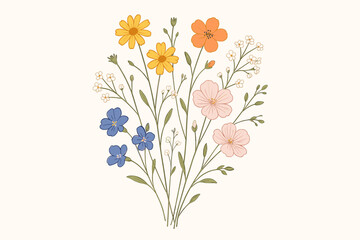 Naklejka premium Elegant wildflower bouquet illustration. Hand drawn line art of colorful summer field flowers. Botanical vector graphic for greeting card, decoration or spring floral design.