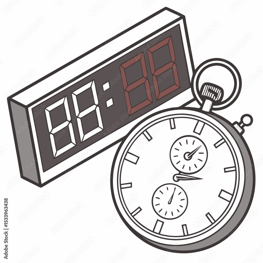 Poster digital stopwatch display showing 8888 and classic analog stopwatch with subdials on white backgroun