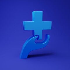Blue Heart with a cross icon isolated on blue background. First aid. Healthcare, medical and pharmacy sign. Minimalism concept. 3D render illustration