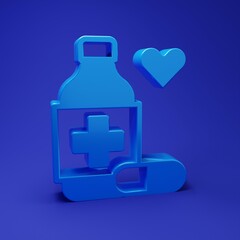 Blue Medicine bottle and pills icon isolated on blue background. Bottle pill sign. Pharmacy design. Minimalism concept. 3D render illustration