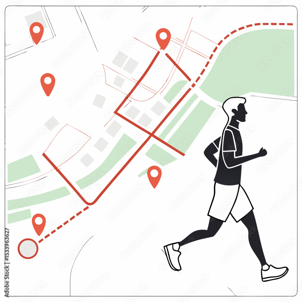 Poster illustration of a man jogging a route marked on a simple city map with red location pins running jog