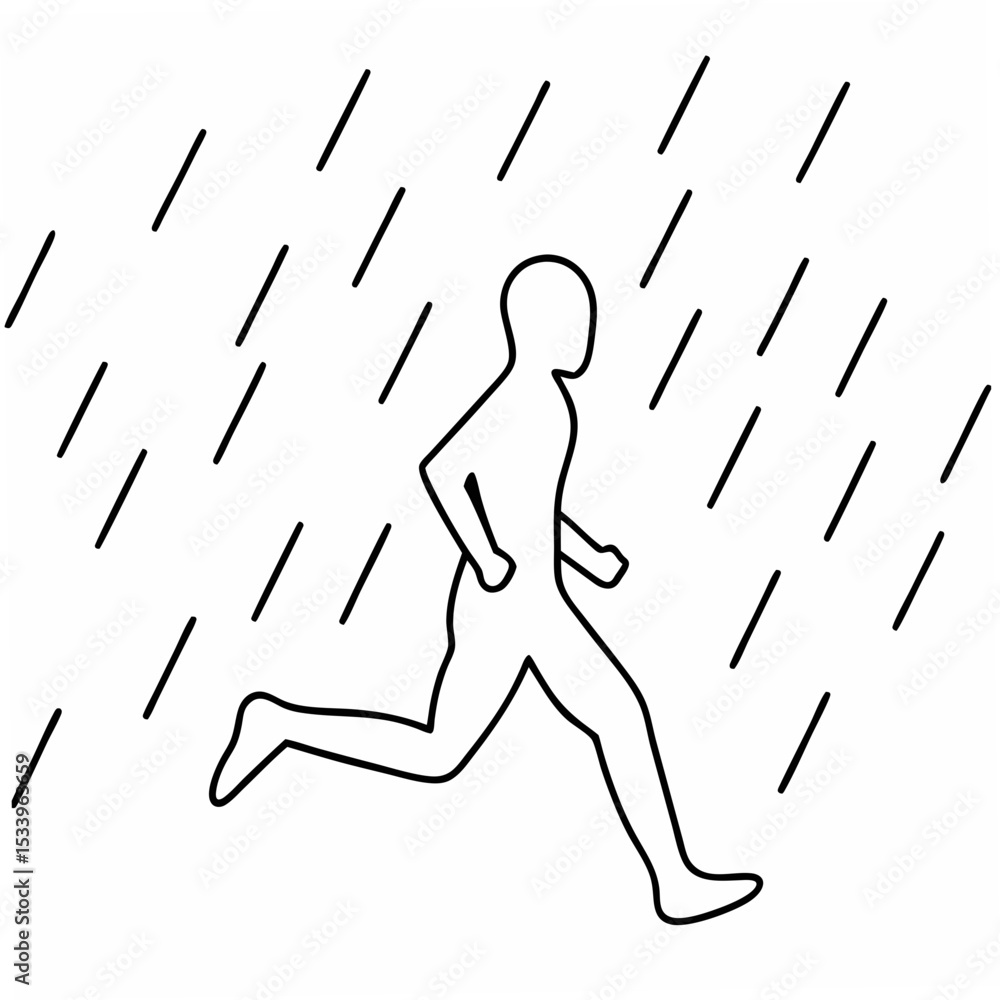 Poster jogger running in the rain simple line drawing on white background rainy day running in rain