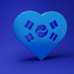 Blue Love Korea emblem with heart in national flag icon isolated on blue background. Minimalism concept. 3D render illustration