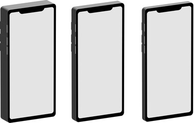 Set of Modern Realistic Smartphone Vector Mockups with Editable Screens on White BackgroundThis collection features modern smartphone vector mockups showcasing sleek, bezel-less phone designs from mul