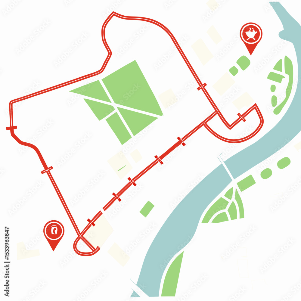 Poster map route of a running path cityscape red line green parks white background jogging