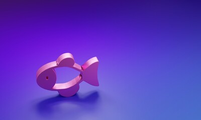 Pink Fish icon isolated on purple-blue background. Minimalism concept. 3D render illustration