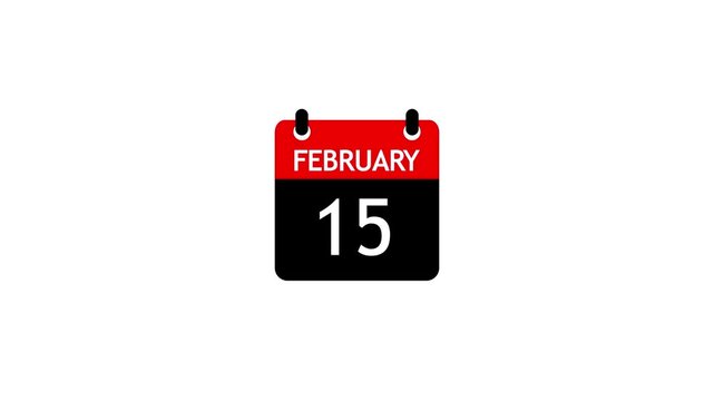 February 15 Daily Calendar icon animation on transparent background. Calendar with the date February 15 on a white background.