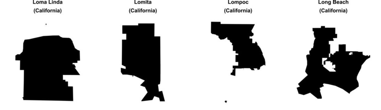 Loma Linda, Lomita, Lompoc, Long Beach outline maps