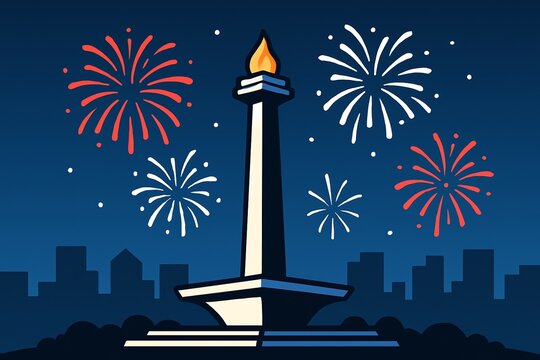 Celebratory Fireworks Explode Near an Illuminated National Monument (Monas) in Jakarta Indonesia at Night - Powered by Adobe