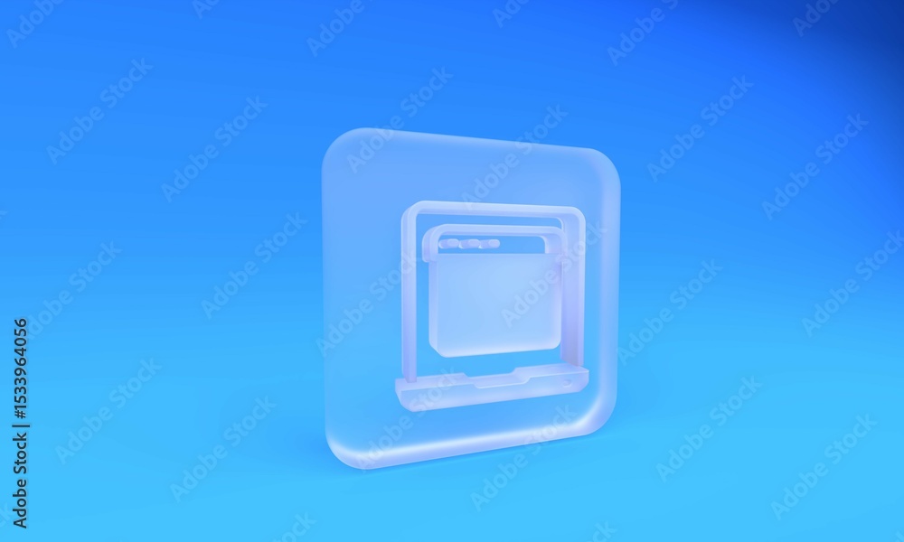Poster frosted glass laptop with browser window icon isolated on blue background. computer notebook with em