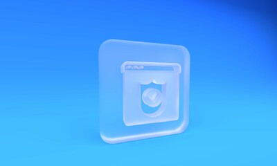 Frosted glass Browser with shield icon isolated on blue background. Security, safety, protection, privacy concept. Square frosted glass button. 3D render illustration