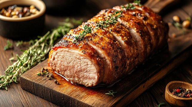 A juicy, herb-crusted roasted pork loin sliced on a wooden board, surrounded by fresh thyme and peppercorns in bowls.