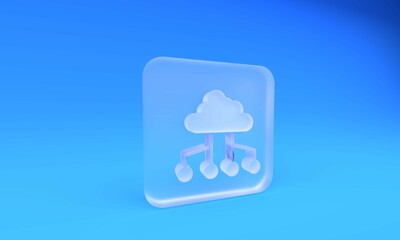 Frosted glass Network cloud connection icon isolated on blue background. Social technology. Cloud computing concept. Square frosted glass button. 3D render illustration