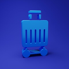 Blue Suitcase for travel icon isolated on blue background. Traveling baggage sign. Travel luggage icon. Minimalism concept. 3D render illustration